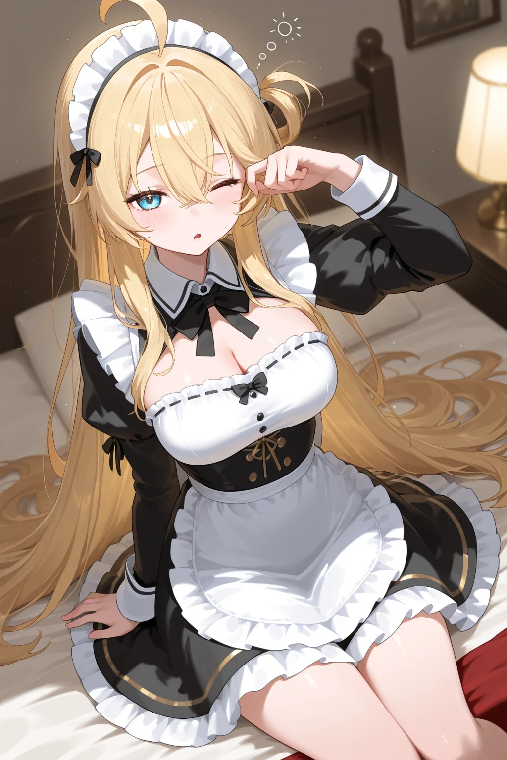 ((highest quality、High resolution))、Portrait、Beautiful girl、Perfect body、beautiful ample breasts、Long blonde、Maid、((Embarrassed))、I spread my legs wide open to show you my pussy、Love juice dripping from pussy、I'm inviting you to have sex