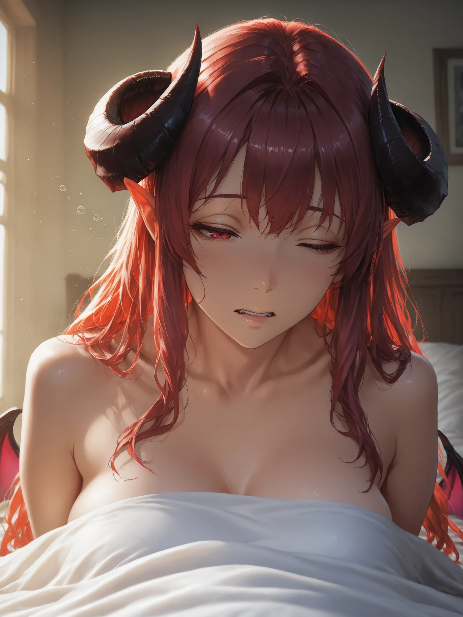 2 women, 1 is a succubus, 1 is a human, morning, waking up, detailed portrait, succubus with horns, pointed ears, sharp features, alluring expression, human woman with soft features, sleepy expression, sunlit bedroom, satin sheets, morning light, soft colors, muted tones, fantasy realism, conceptual portrait, oil painting, 8K, high resolution, cinematic, dramatic lighting, painterly, vivid colors, masterpiece