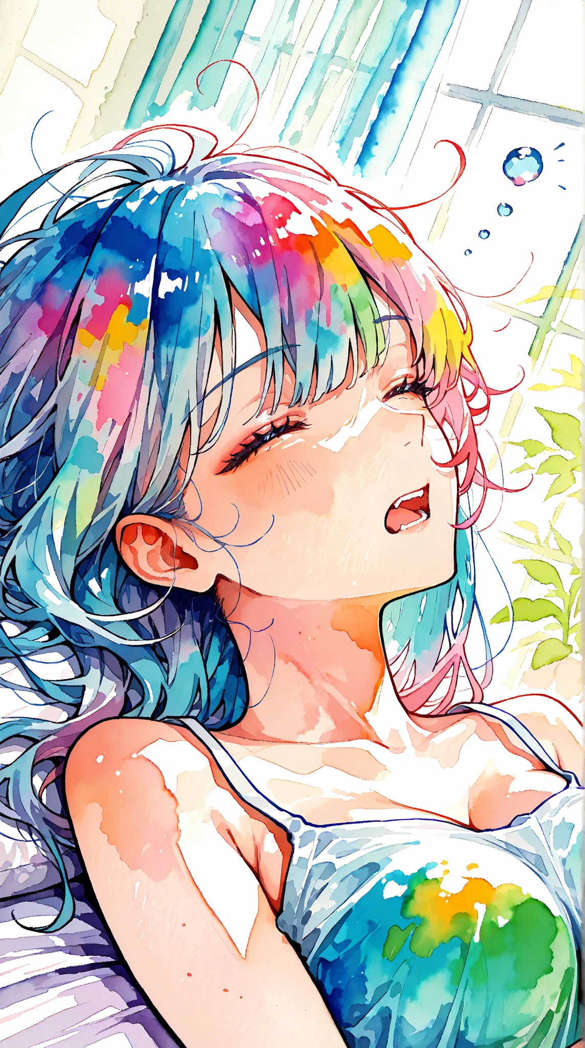 futanari, solo, hands on thighs, long hair, penis, nsfw, cum, girl, oil painting style, 2.5d, two colours hair, half pink half blue hair, teasing, laying, throbbing cock, flowers bikini top, bottomless