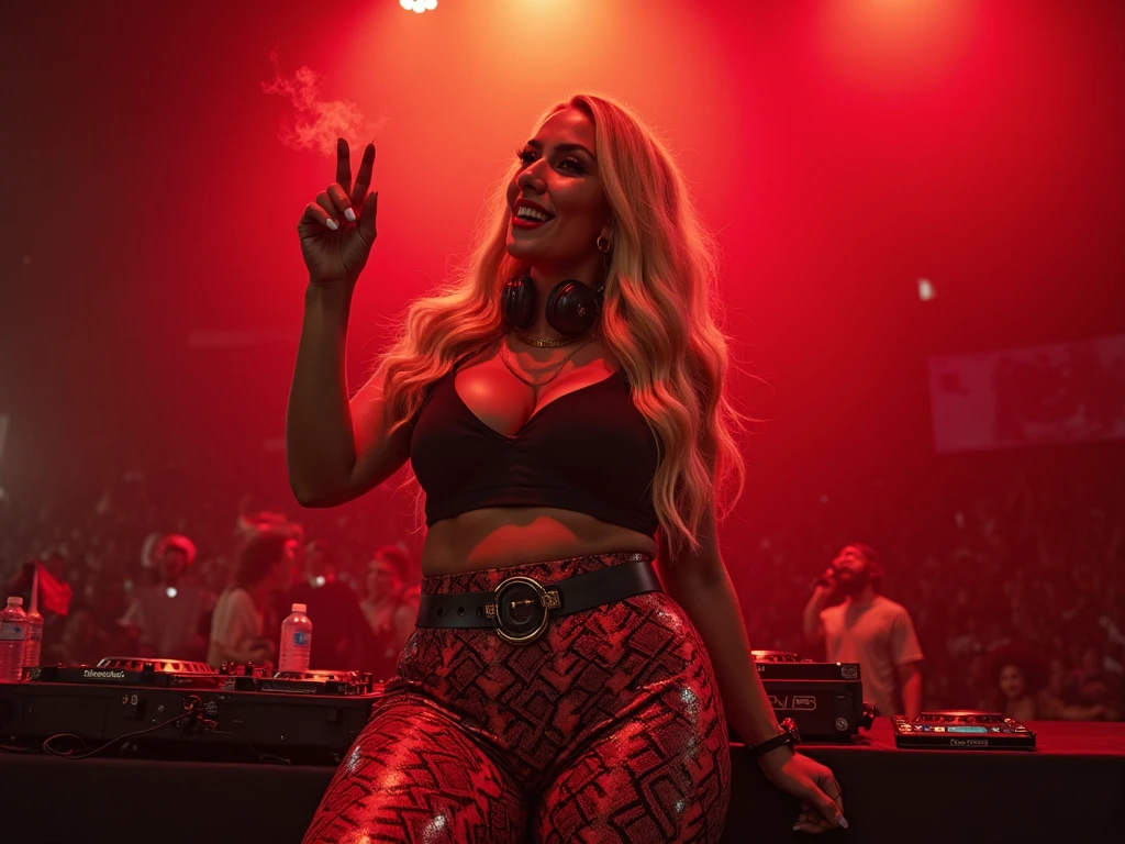 Doja Cat performing on stage, holding a microphone, wearing trendy clothing, pyrotechnics in the background, long blonde hair, ((full body)), photorealistic, 4k, UHD, f/1.8<lora:Doja Cat:1>