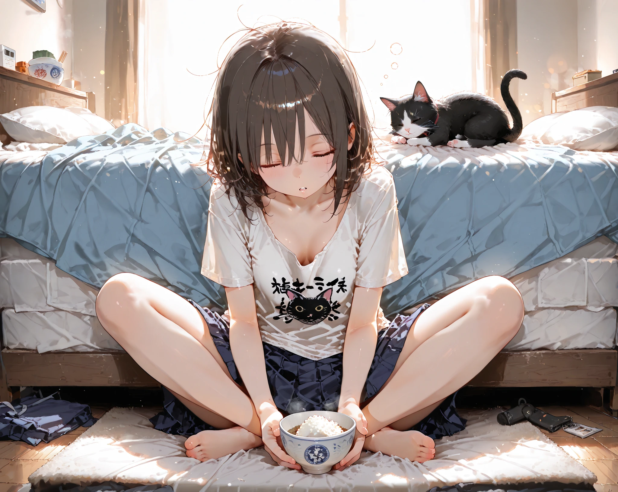 (Best quality, 8k, 32k, Masterpiece, UHD,:1.2),RAW, 1girl,ultra cute , natural lighting,transparent shining eyes, 20yo,medium breast ,fair complexion ,flushed face, dynamic angle, short hair, White sweater, squatting near windows, ((Big Norwegian Forest Cat at her foot)), Big Cat, Playing with Cat, fun, from side, Looking at cat