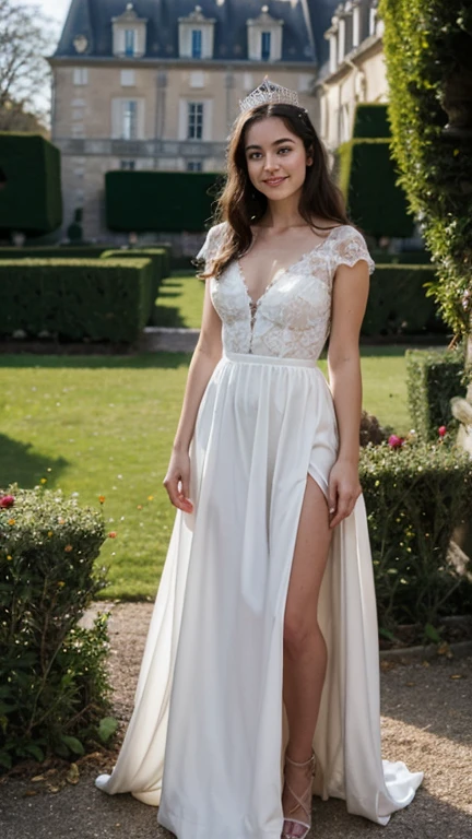 Beautiful blonde strolling through the gardens of a historic castle, (wearing a long, flowing dress that evokes timeless elegance. She holds a lace umbrella to protect herself from the sun, et regarde autour d'elle avec émerveillement. Flower-lined paths and fountains add a touch of grandeur and romance to the scene.), very detailed, 21 ans, visage innocent, natural wavy hair, blue eye, high resolution, masterpiece, best quality, intricate details, very detailed, sharpness, detailed skin, realistic skin texture, texture, detailed eyes, professionnel, 4K, charming smile, shot with Canon, 85mm, shallow depth of field, Kodak Vision Color, corps parfaitement ajusté, extremely detailed, Photo_(ultra), Photorealistic, realistic, post-traitement, Maximum details, roughness, real life, ultra realistic, photorealism, la photographie, 8k uh, la photographie.