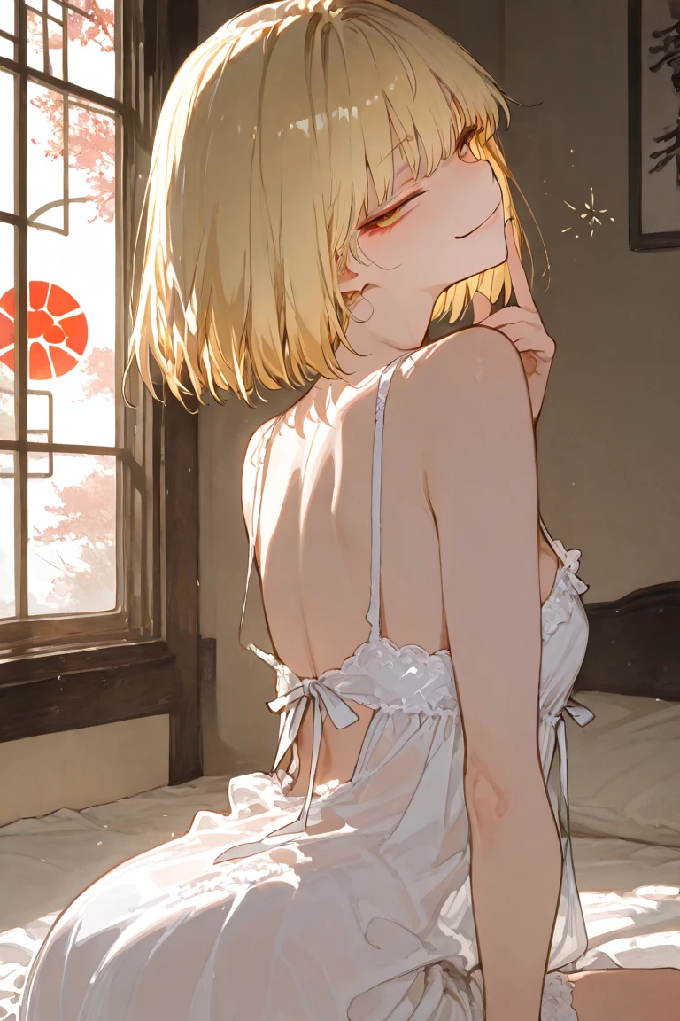 nsfw:1.6, Top quality, ultra high resolution, , (top quality, high resolution, 4K, detailed lighting, shaders, perfect anatomy, perfect proportions), eye of the beholder, (masterpiece, top quality) (top quality, 4K, 8K, high resolution, masterpiece: 1.2), highly detailed, (masterpiece: 1.3, top quality, ultra high resolution, ultra detailed), (top quality: 1.2), perfect eyes, perfect face, (top quality, 4K, 8K, high resolution, masterpiece: 1.2), highly detailed, (top quality, 4K, 8K, high resolution, masterpiece: 1.5), masterpiece, top quality, ultra detailed, top quality, high resolution, 32K CG, very delicate and beautiful, illustration, high resolution, sharp focus, very beautiful and detailed anime face, very detailed eyes, ((masterpiece)), ((best quality)), (super detailed), ((cute)), cute, ((very detailed)), 4K, (8K), best quality, (best quality, 8K, 32k, masterpiece, super high resolution, very detailed, impressionistic:1.2), blurred background, (two arms) , (two legs), (four fingers and 1 thumb) , only one belly button, 

(Beautiful busty woman in her 20s: 1.1),(topless:1.6),(Beautiful blonde hair: 1.4). (White lace choker:1.4) (Necklace, bracelet, anklet: 1.4).(Bangs swept to the side, showing forehead: 1.5). (Dark skin: 1.6).  (Perfect proportions: 1.6). (Small pink nipples: 1.3).  (Full and beautiful breasts: 1.6). (Perky breasts: 1.5). (Thin waist: 1.2). (Slender figure: 1.2). (Beautiful buttocks :1.5),  (happy face), (on the bed:1.3), (seductive attitude:1.2),( pov:1.5),(white attractive clothes), (viewer is about to have sex with her:1.4), (closed eyes:1.6),(pout kiss:1.4), (from behind:1.2), 