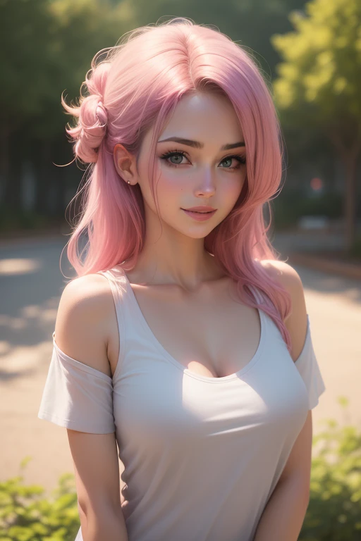 woman, front view, hairbun, pink eyes