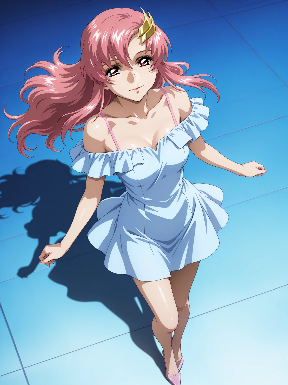 (masterpiece, 4K, Best Quality, Anime style: 1.9, bold drawing lines, High color saturation, Detailed face, tall, Adult Woman, lovely, (cloud background), Drawing lines, high resolution, Anime, lacus4), 1girl in, Solo, curvy figure, Long hair, 鎖骨, scapular, Wavy Hair, Detailed wide hair bangs, Hair Ornament, Detailed reddish-pink hair, cleavage, large hands, (Big blue eyes, shiny eyes), Smile, closed mouth, Very happy, ((closed fists)), (laughing, open mouth), ((medium breasts)), (((shjrt, ))), (pink wrestling long boots), strong arms, biceps, rib lines, ((lean forward)), standing, (hands on hips), happy, bare shoulders, (exposed navel, shiny skin, exposed belly button area, bare hips, armpits, armpit lines, armpit pocket)