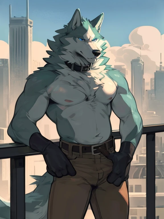 Solo, Furry, Anthro, Gray Wolf, Male, E621, Standing, Wearing Bikini, Wearing Boxer Shorts, Muscular Body, Front view, Hands behind back, tiny city image background, by bebebebebe, by foxovh, by chelodoy, by butterchalk macro huge in city full body