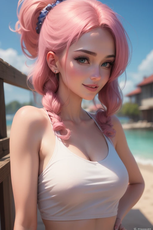 baby face, (very long pink hair:1.5,sidelock:1.5,twin braids), (photorealistic:1.3), (masterpiece, sidelights, exquisite beautiful eyes: 1.5), masterpiece*portrait, realistic, 3D face,(cute face),front view: 1.6、 (glowing blue eyes:1.2),plump face:1.5,(tareme:1.5)、(seductive smile:1.2),Rosy Mouth,Slim Body,abs, shiny hair, shiny skin: 1.5、medium breasts,cleavage、solo,(stand)、(black micro bikini)、(charactor focus、portlate、upper body),beach