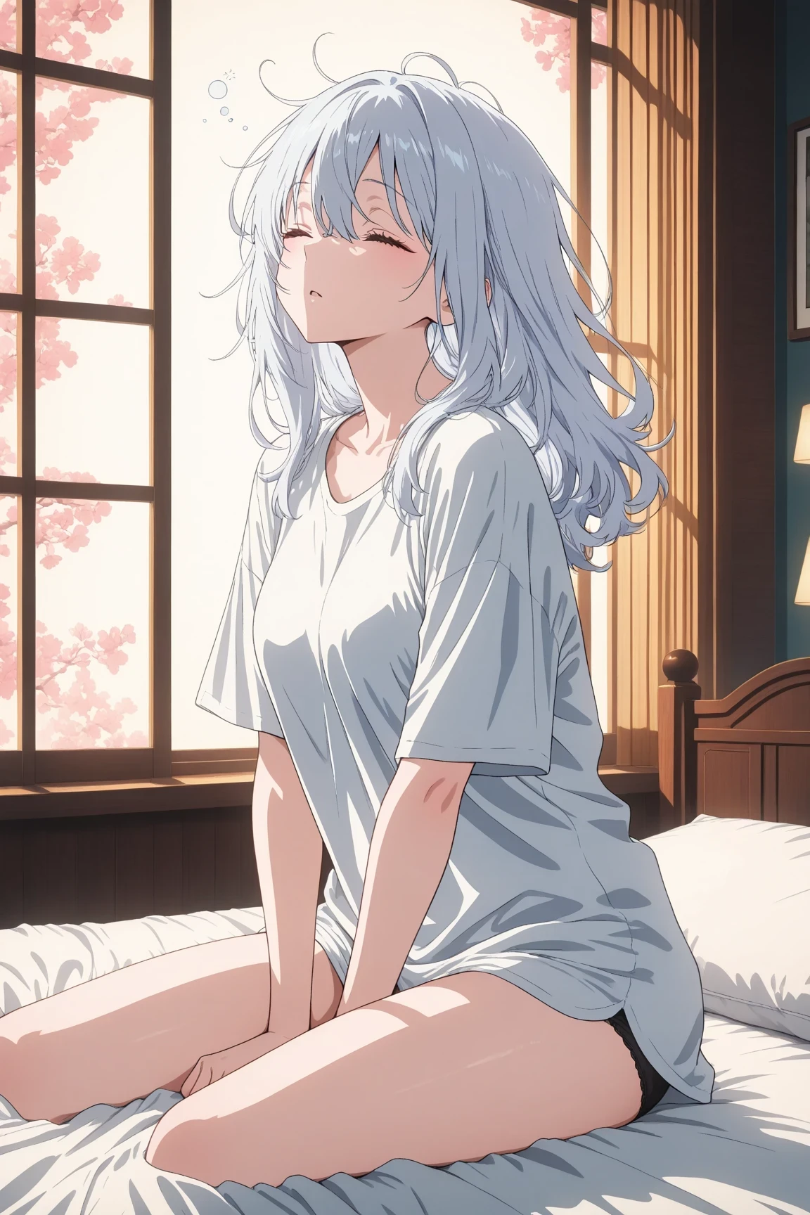 (masterpiece, creative concept), anime style, midshot of a sleepy and alluring young woman just waking up, wearing an oversized T-shirt that drapes loosely over her body, lower half only in underwear, tousled bed hair, sitting casually on the edge of the bed, slightly hunched posture, soft natural light coming from a side window, gentle skin texture, minimal makeup, dreamy and intimate bedroom setting with wrinkled sheets, cozy atmosphere, ultra detailed, best quality, trending on social media