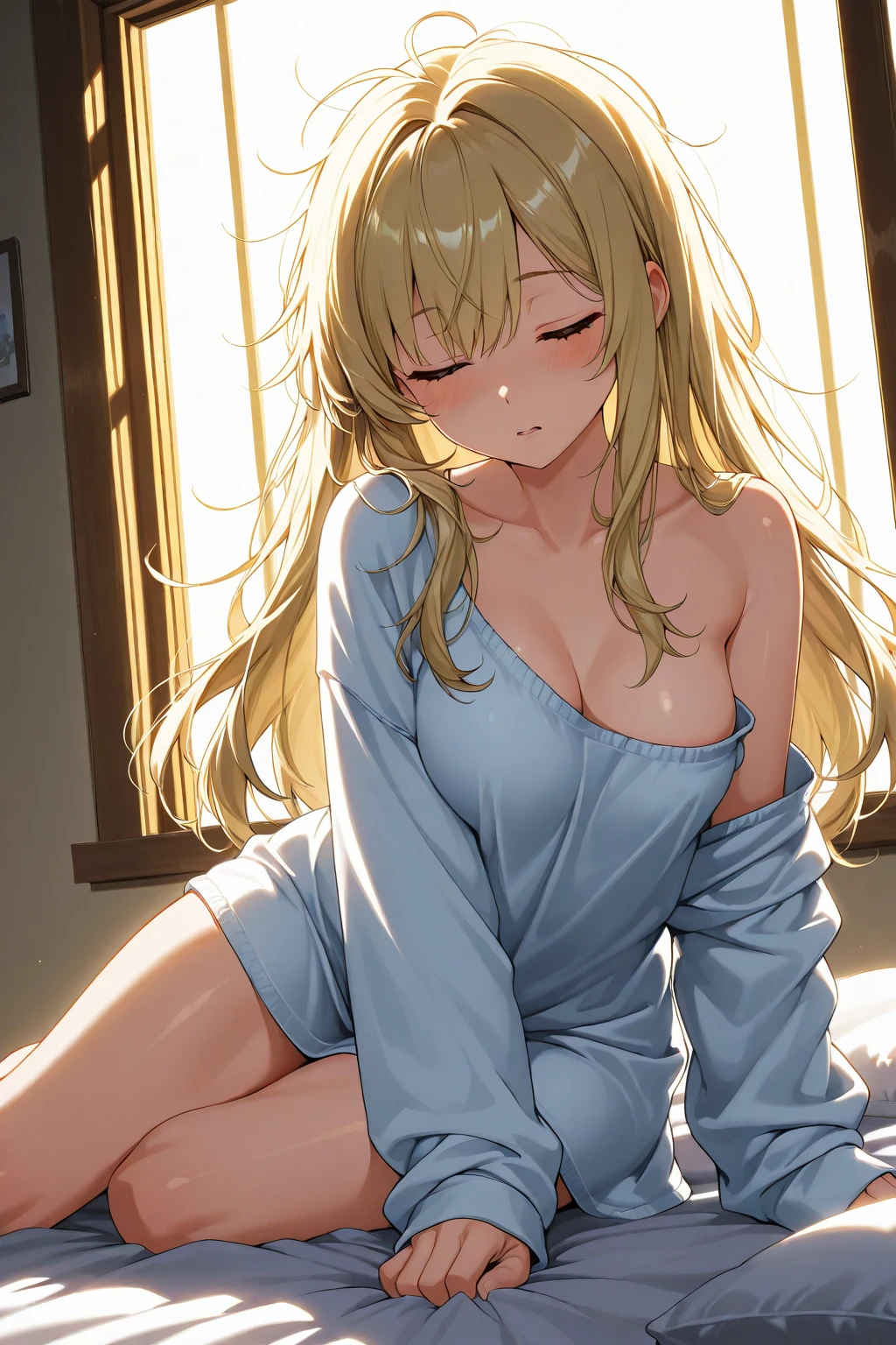 best quality, masterpiece, absurdres, 1girl, (sitting on bed), sexy pose, looking at viewer, long hair, beige hair, black eyes, happy, smile, blush, (separated lips, open mouth), (white oversized_sweater:1.1), cleavage, one shoulder, (large breasts:1.1), (cinematic lighting:1.1, deep shadows:1.1), (dim, dark, night), depth of field, bokeh, lens flares, sharp focus,