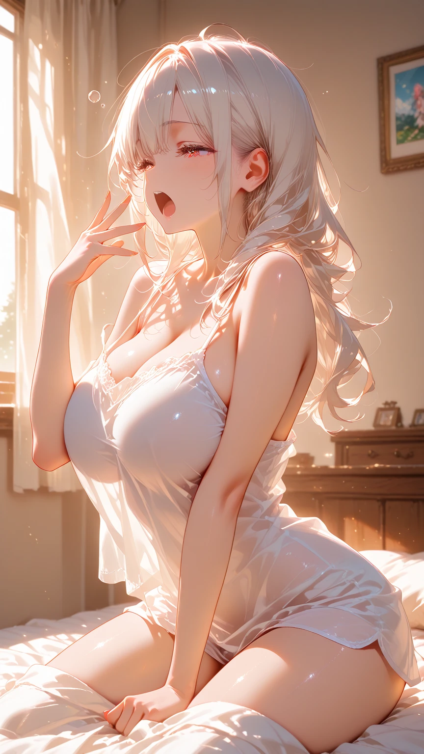 A hot young woman with massive breasts, naked in bed, extremely detailed eyes and face, beautiful detailed lips, longeyelashes, sensual pose, bedroom interior, soft lighting, cinematic composition, realistic skin textures, photorealistic, 8k, high-quality, masterpiece