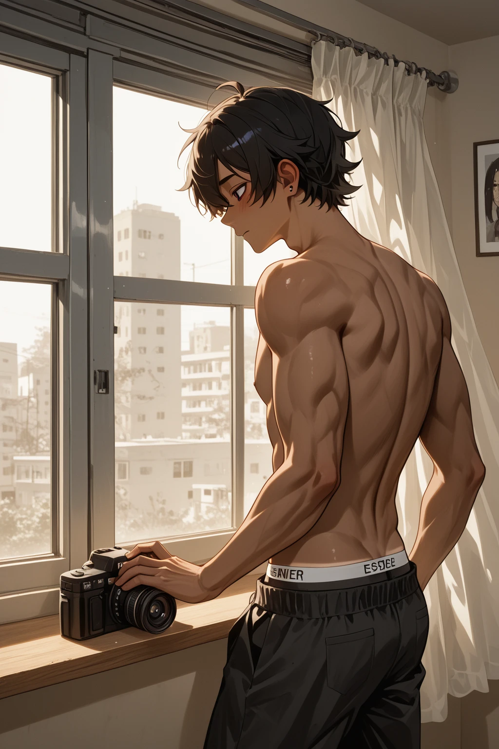 Handsome sleepy neighbor brother Scene seen from the interior of an apartment, looking out the window across the street. Do outro lado, in an open window , Is he a tough 36-year-old man,  muscular and confident ,  wearing nothing but  . He casually leans on the parapet, as if he were posing without realizing. His tanned body shines with the golden light of dusk. He seems totally at ease, almost as if he were doing this every day. from the camera's point of view (ou do espectador), we see curtains slightly open, revealing the imposing figure of the neighbor in the window. The scene has a comical tone, intriguing and little surreal — a mix of innocent voyeurism and everyday curiosity. Realistic style with stylized touches, luz suave, leve senso de humor.