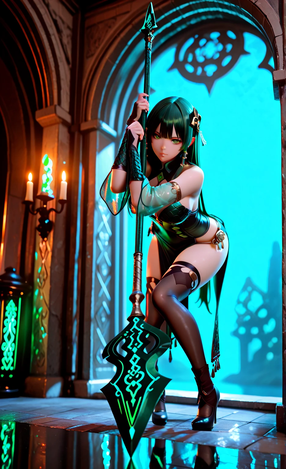(otherworldly, otherworldly atmosphere, otherworldly appearance), highly insanely detailed, masterpiece, top quality, best quality, highres, 4k, 8k, RAW photo, ((ancient egyptian theme:1.2)), 
(mystical theme), mystical gatmosphere, arcane sanctuaries, otherwordly aura, 
(long_hair, long hair, random colors hair, glowing hair, hair over one eye, long messy hair), 
(eyelashes, eyeliner, eyeshadow, eyelashes, long eyelashes), 
collar, earrings, jewelry, necklace, armlet, 
tentacle, (underwater), nsfw, 
Homestay, Resort, Guest House, 
building, structure, still life, swirling energy, 
action pose, 
drunk, closed eyes, 
abandoned building, shopping mall, overgrown with vegetation, [volumetric fog], cinematic lighting, colorful, 
<lora:KanakoWatanabe-10:0.7>, 
KanakoWatanabe, 1girl, solo, long hair, blue eyes, large breasts, black thighhighs, elbow gloves, cleavage, green hair, suspenders, peaked cap, leotard, cameltoe, garter straps, suspenders, (fantasy world)