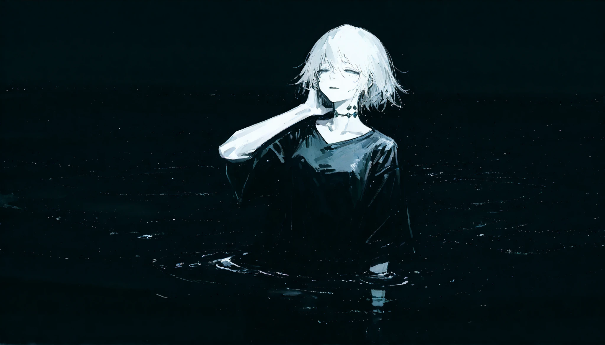 (1girl:1.5), conceptual black and white manga illustration, high contrast ink drawing, wide frame. A lone woman is fully submerged up to her shoulders in a vast, featureless sea of thick, obscure liquid — as if drowning in a symbolic, ink-like ocean of despair. Her pale arms are lifted and crossed, tightly gripping her own neck with both hands in a silent act of self-suffocation, frozen in a state between panic and surrender. Her expression is unreadable due to distance — the camera is pulled far back, showing her small, fragile figure lost in the immensity of the environment. The "water" is visually heavy and surreal, almost like a black void with bubbling distortion. The scene is overwhelmingly white, with the water rendered in pure black, rising up to her throat. Countless tiny black bubbles rise around her like silent screams escaping the depths. No background, no sky — only the endless white void above and the abyssal black waters below. The horizon is not visible. The woman is centered precisely at the spiral's focal point, and the entire composition follows the Fibonacci spiral, guiding the viewer’s eye naturally to her struggling form. The image is abstract, symbolic, and emotionally suffocating — a representation of inner torment and isolation in stark, spiritual silence. Black and white only. No grayscale. Perfect stillness. Haunting, minimalist, and deeply introspective.