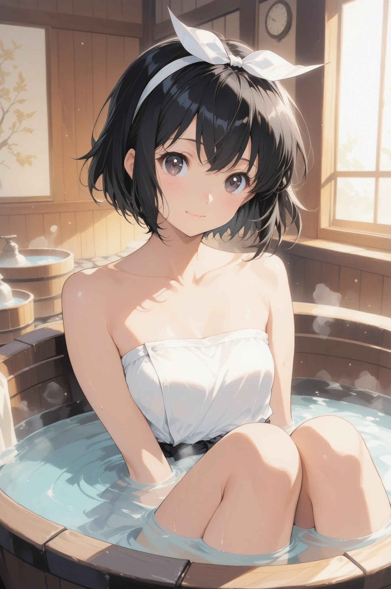Anime Style Very short black hair beautiful girl G Cup Looking up bath smile
