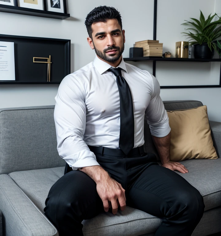 best quality, masterpiece, 8K, HD, masculine, 30 year-old filipino gentleman, very muscular, tanned skin, stylish hair, glasses on top of head, tight business suit, ((shirtspread)), vpl, papers and folders on table, tall indoor plants, big bubble butt, looking directly at camera, very seductive expression, golden ratio, sexy, god rays, soft lighting, dynamic shadows, sharp focus, perfection, no watermark