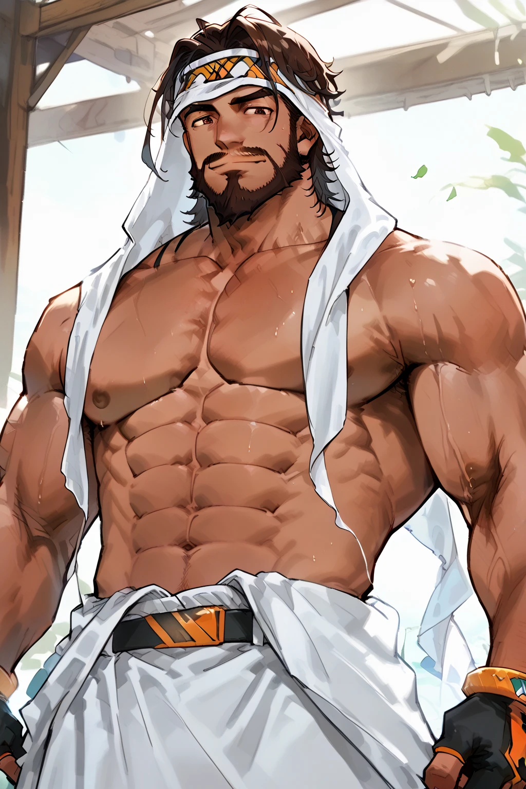 Muscular male, super tall body, blackhair and yellow eyes, o homem tem os ombros muito largos e a cintura fina, flexionando um bíceps, super muscular, em pé , sua pele é muito clara e ele tem uma barba curta