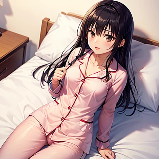 ((4K, master piece, Best Quality)), 1girl in, Light brown SHRT hair, Red Eyes, center parted hair, medium breasts, Cute, blush, sleepover, pajamas, exposed, bedroom, night, cold