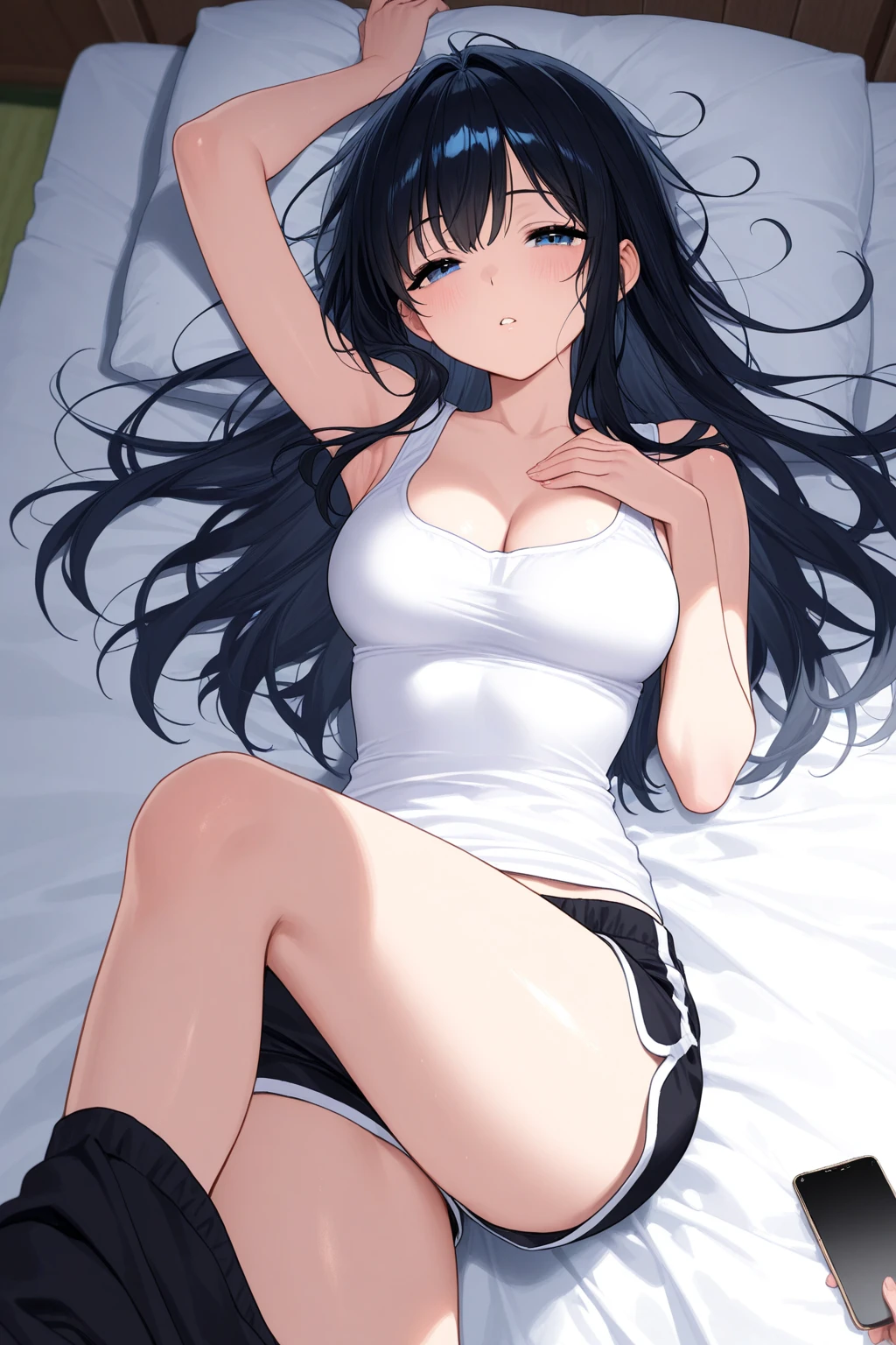ultra - detailed, A high resolution, (actual, realistically 1.4)，best quality，8K，Photorealsitic，cute big breasts，black hair color hair，pretty eyes，short minidress，(White low waist underwear）,look at a camera，Smooth skin,Lift up the perineum,(spread their legs),(Perfectly detailed hands),Wet with