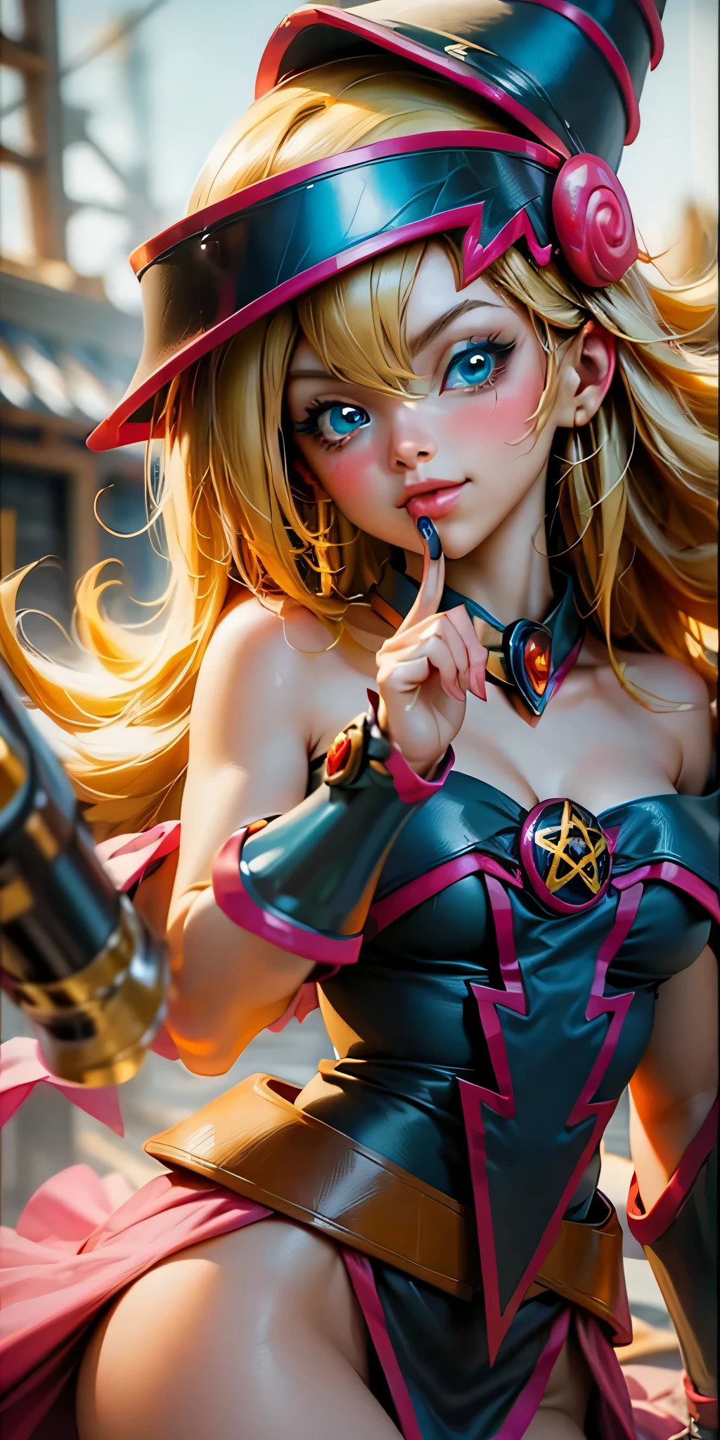 Beautiful face of dark magician gils. blue eyes. brio in the eyes. Large and thick false eyelashes, pink lips. blush on the cheeks, profile pose. Looking at one extreme. gold earrings. gold necklace. Thin neck. Long golden hair. Great cleavage. big breasts.