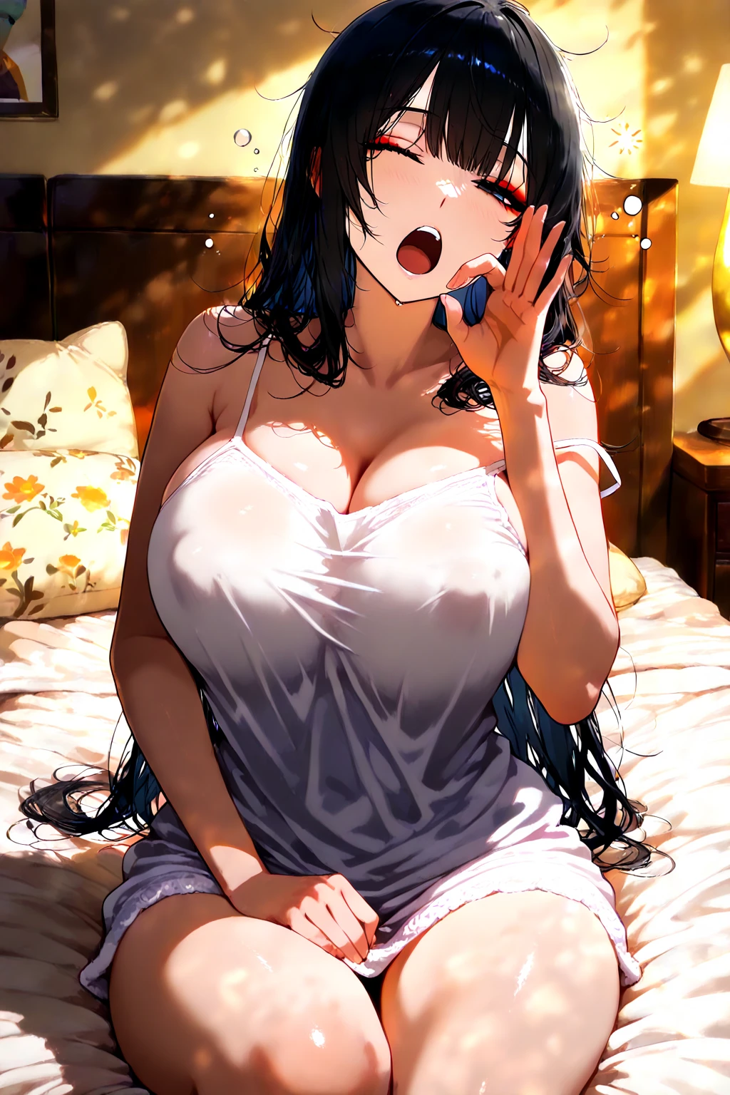 1 girl,highest quality,Super high quality,highest quality,anime characters,beautiful eyes,Detailed contours,big breasts,spread your legs,messy hair,from directly above,sweat all over,black hair,beautiful big breasts,I&#39;m climaxing,Delighted,Nipples seem to be visible but not visible,,on the bed,white Y-shirt,school uniform,Exposed shoulders,Angle from above,upper body only,Kisara Himeno,Topless,Nipples are fully visible,Full view of pussy,