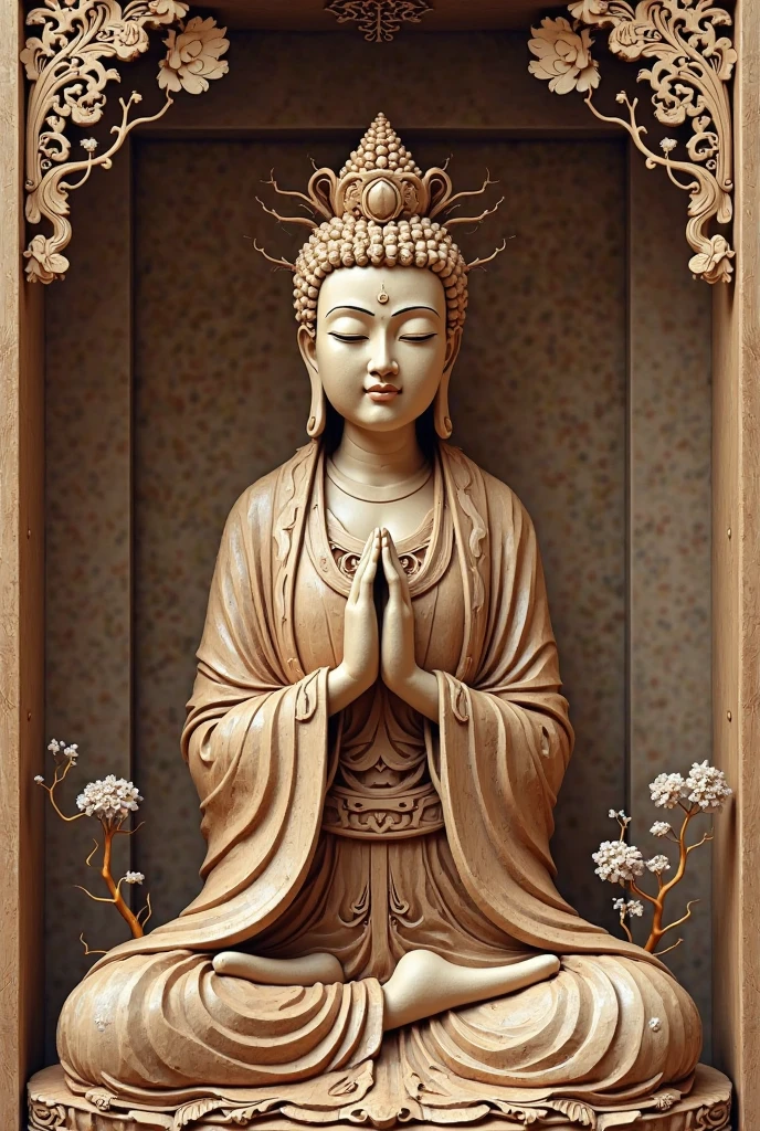 Super realistic. Buddha statue of Yang Guifei Full-body Standing, Precisely carved wooden statue, simple background, Mail Order Catalogue, bokeh effect, depth of field, hyper Realistic, Spot Lighting