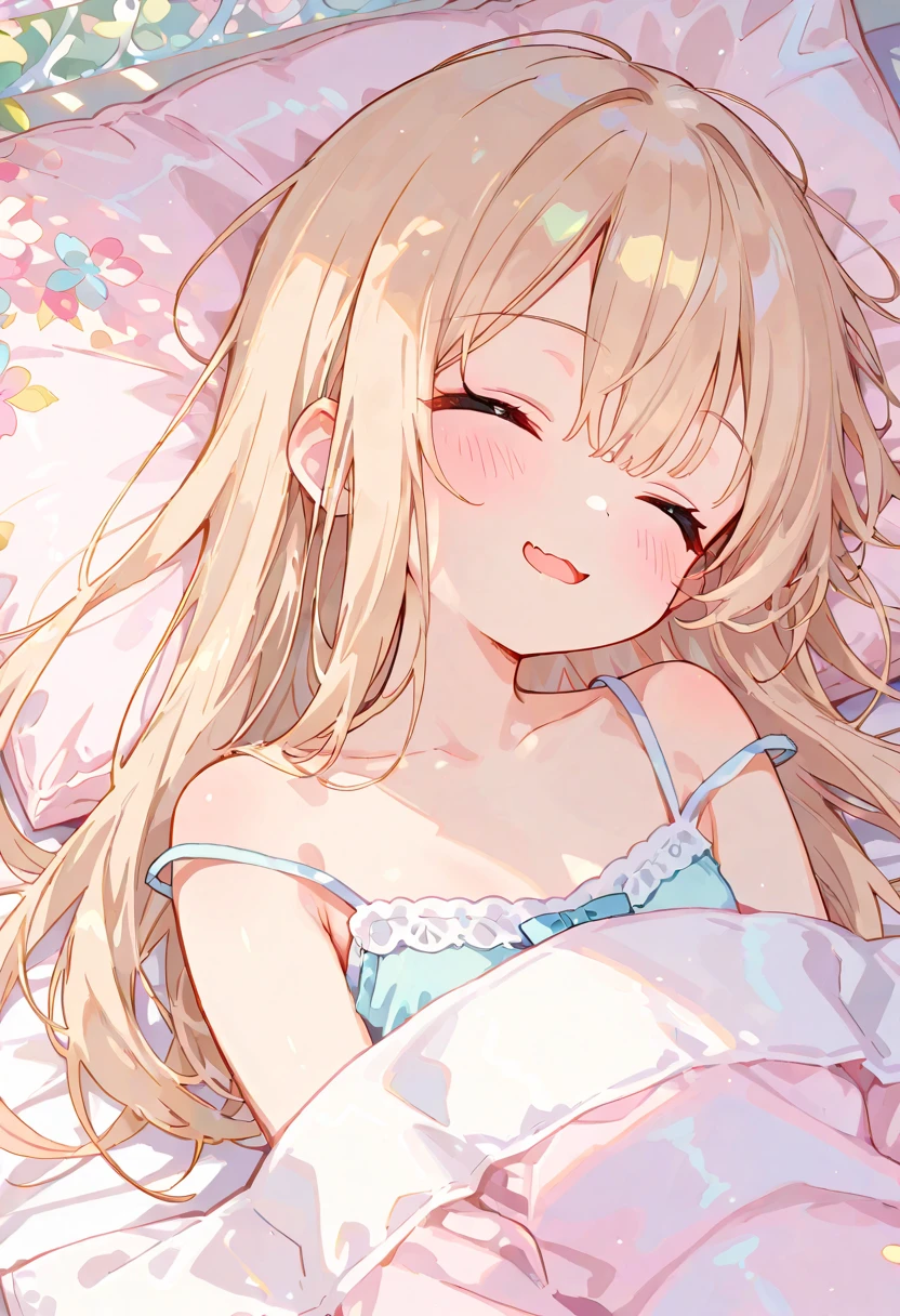 (masterpiece, best quality, 8K, art by pixiv ranking 1st:1.4), (8yo kawaii petit , natural face:1.5) (lying and sleeping on the bed:1.3), (see-through casual camisole:1.5), white glowing skin, (perfect closed eyes, expressionless with blush cheeks:1.2), (childish body, light beige medium hair:1.3), cozy room interior, room lighting, centered composition