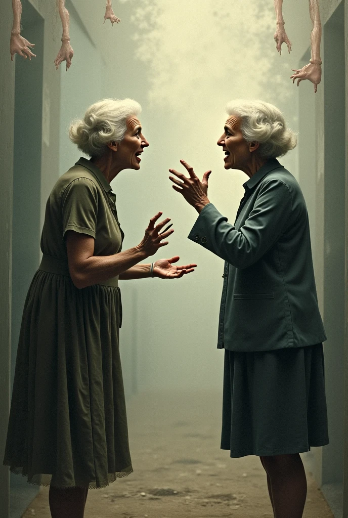 2 old obese grandmothers who are tied and gagged to each other in a room.