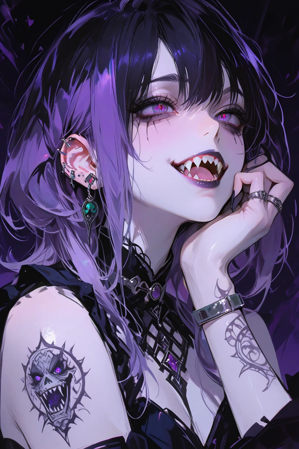 (Highest quality、High resolution、8K、masterpiece:1.2)。Look away、Open your mouth、Pink Eyes、Silver Hair、Heart shaped pupil、teeth、tongue、tongueを出す、（Original Character, (1 Girl)、Perfect Face、((short hair:1.2))、(Hair above one eye:1.3)、[[Disheveled Hair]]、Colorful Hair、Detailed eyes that shine、Light and shadow、Glowing Skin、 (Curvy but slim), ((High angle shot))、Sexy look、Use something sexy、（background：Mountain、岩Mountain、forest、nature）Full body、bracelet、necklace、Wild child、Wild childスタイル、Disheveled clothes、sunglasses、Follow the Silver Wolf、Tarzan、natureで育った、
