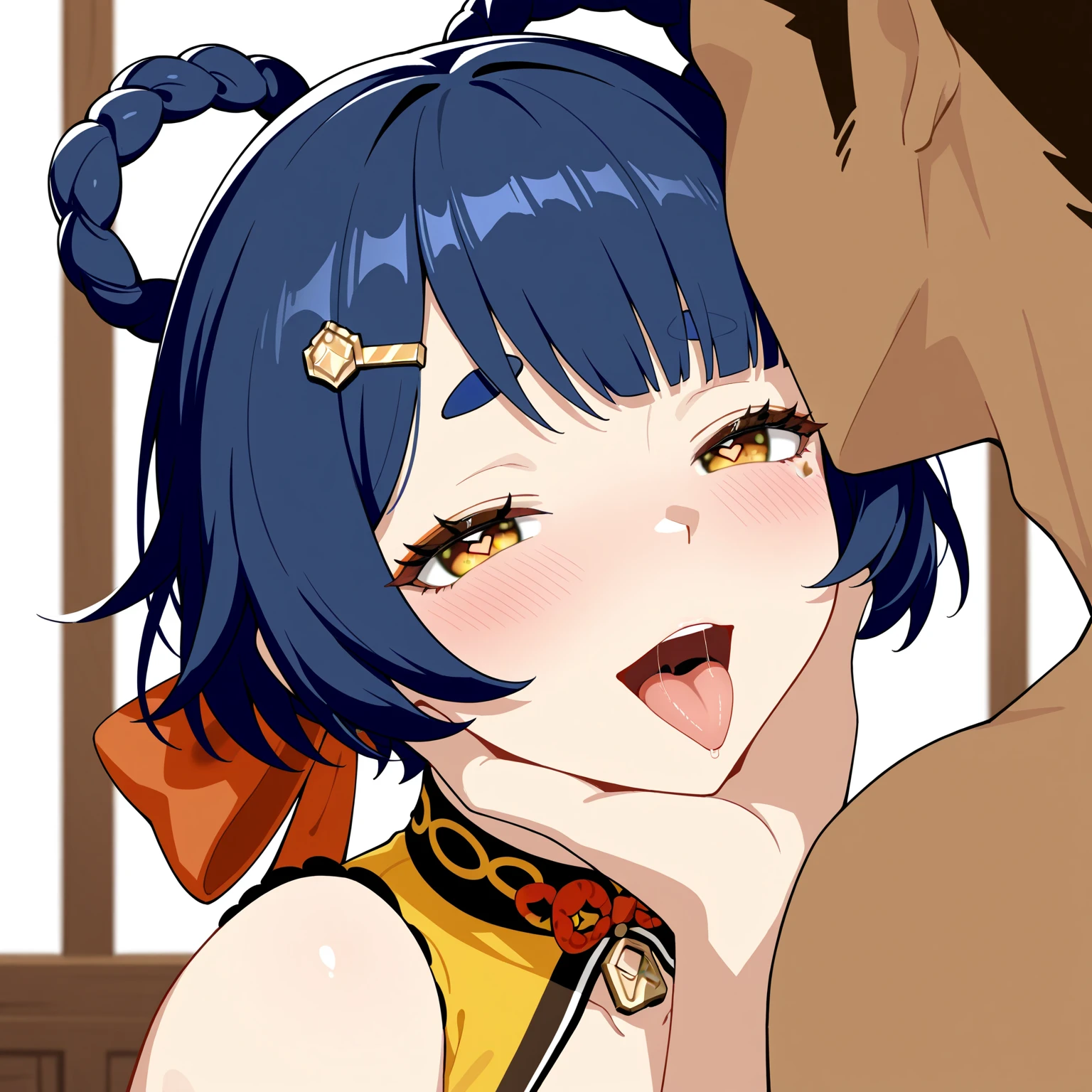 ((best quality)), ((masterpiece)), (detailed), perfect face, 1 boy, xingqiu, Genshin Impact, flat chest, yellow eyes, bare shoulders, qipao, pov penis, licking penis 