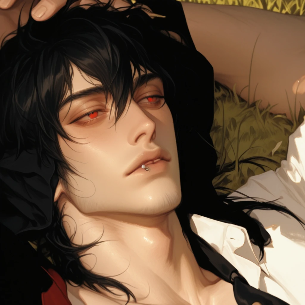 Male, sexy, long black hair, teal blue eyes, young, gothic, delicate features, no facial hair, no body hair, seductive, white and pale. In a bloody bathtub. Bloody. Anime style. Gloomy. Smoking a cigarette. Unhappy. Despair. Bloody bathtub. Faded roses.