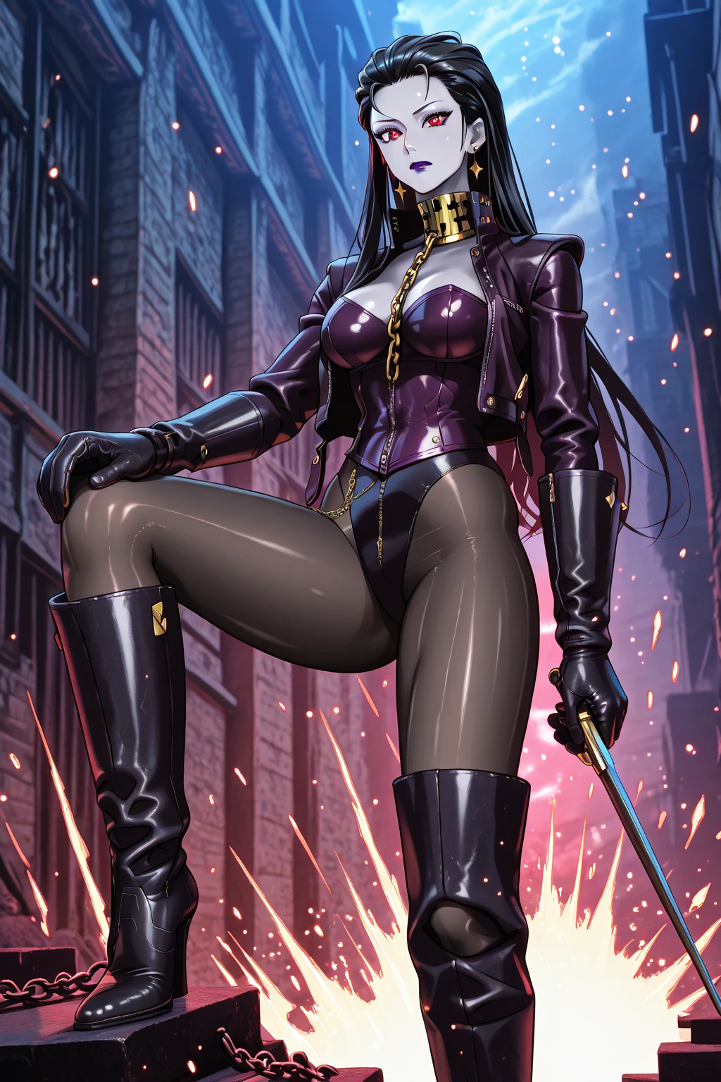 afro women,brown Bob Haircut,dark brown eyes, black leahter Crop jacket, purple latex Corset,big breast, black leater trousers, purple belt,purple gloves,black long boots, standing