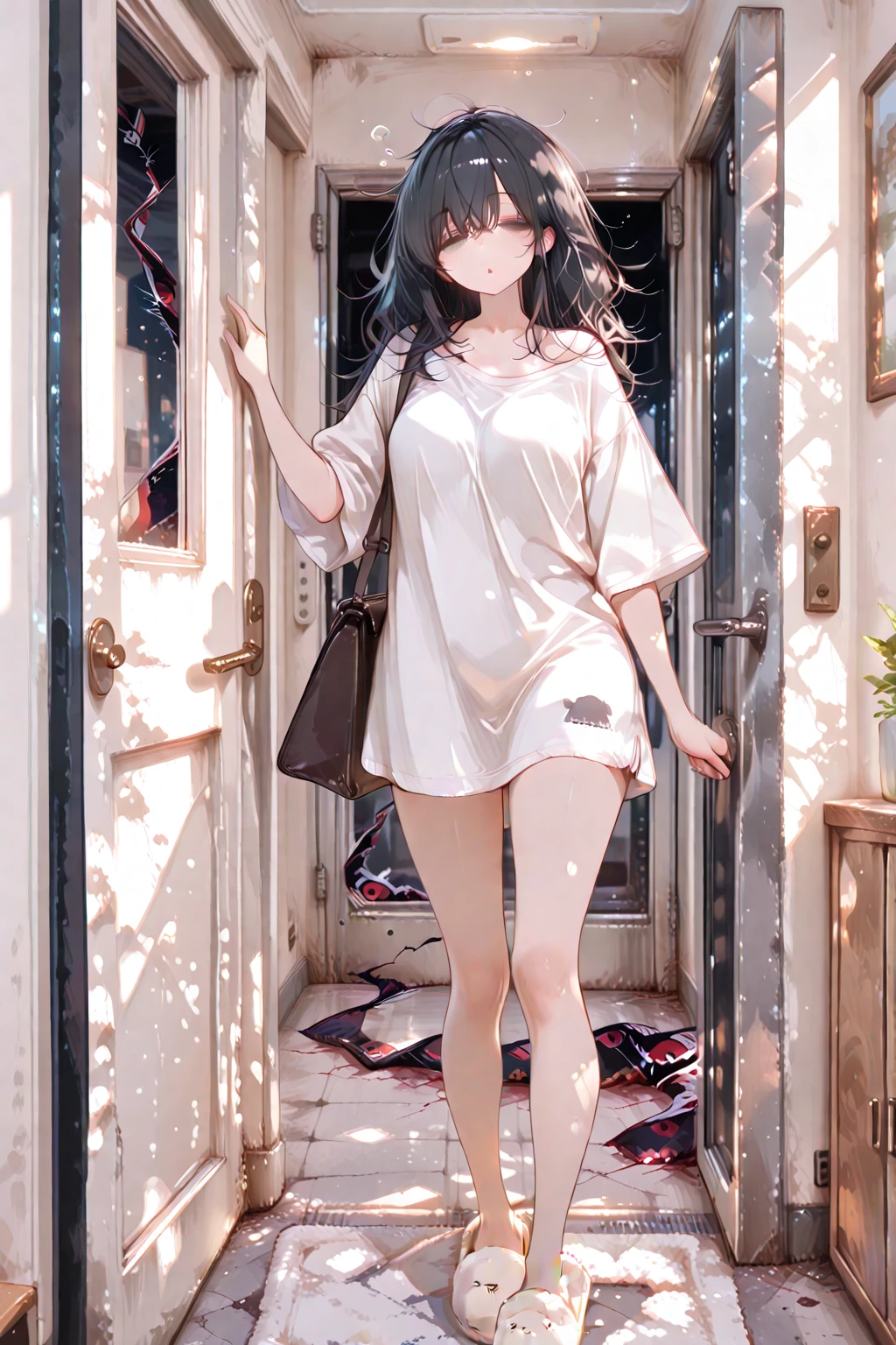 bob cut, black hair, rimless eyewear, mole under eye, solid circle eyes, BBW, short stature, (full body), 2girl, Embarrassed, nsfw, penis, Testicles