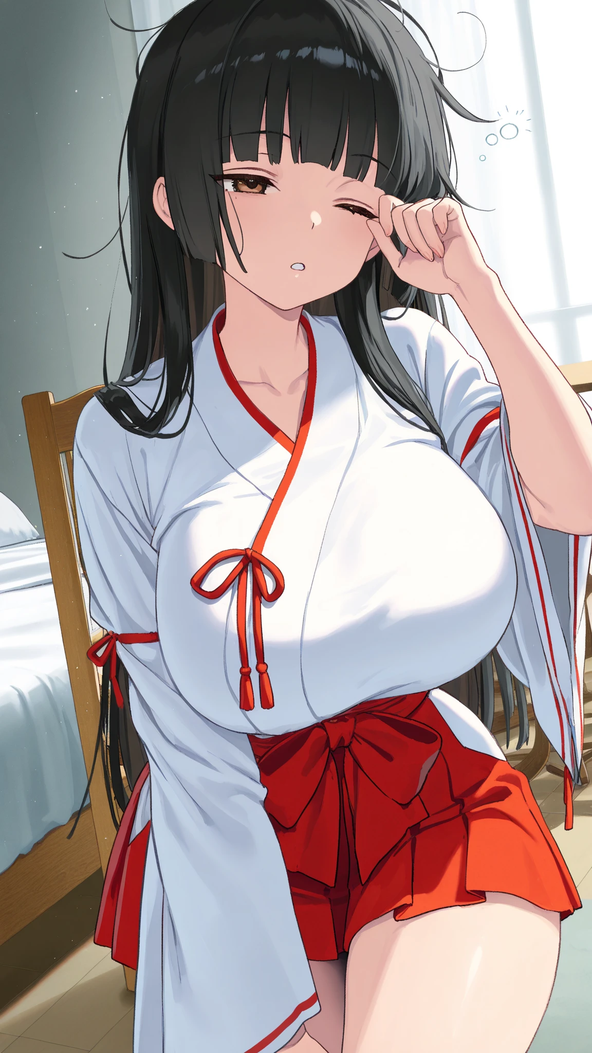 masterpiece, best quality, anime Illustration, 4k, 1 girl, solo, standing, long hair, black hair, violet eyes, high ponytail, red hair ribbon, red ribbon, red hakama and white kimono, thin fabric, nipples, erect nipples, big breasts, huge breasts, looking_at_viewer, motherly smile, upper_body, dark skin, ((Village background:1.0)), ((dark skin: 1.5)), , ((parted bangs: 1.4)), parted bangs, large forehead, purple eyes, red hakama
