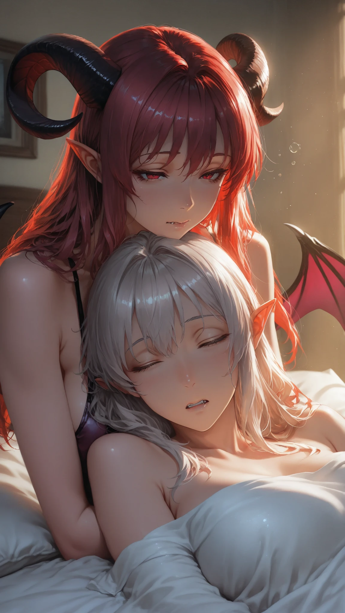 ((Highest quality)), ((masterpiece)), (detailed), （Perfect Face）、The woman is sleeping naked in bed with a man. She is Princess Leona with light brown, medium-long hair, and is sleeping hugging the man, who is a dignified demon lord of an evil organization.、Women are brainwashed, expressionless, and have no highlights in their eyes.、The woman is sleeping, held close by the powerful demon king of an evil organization.、A powerful demon king of an evil organization is sleeping with a woman on a luxurious bed.