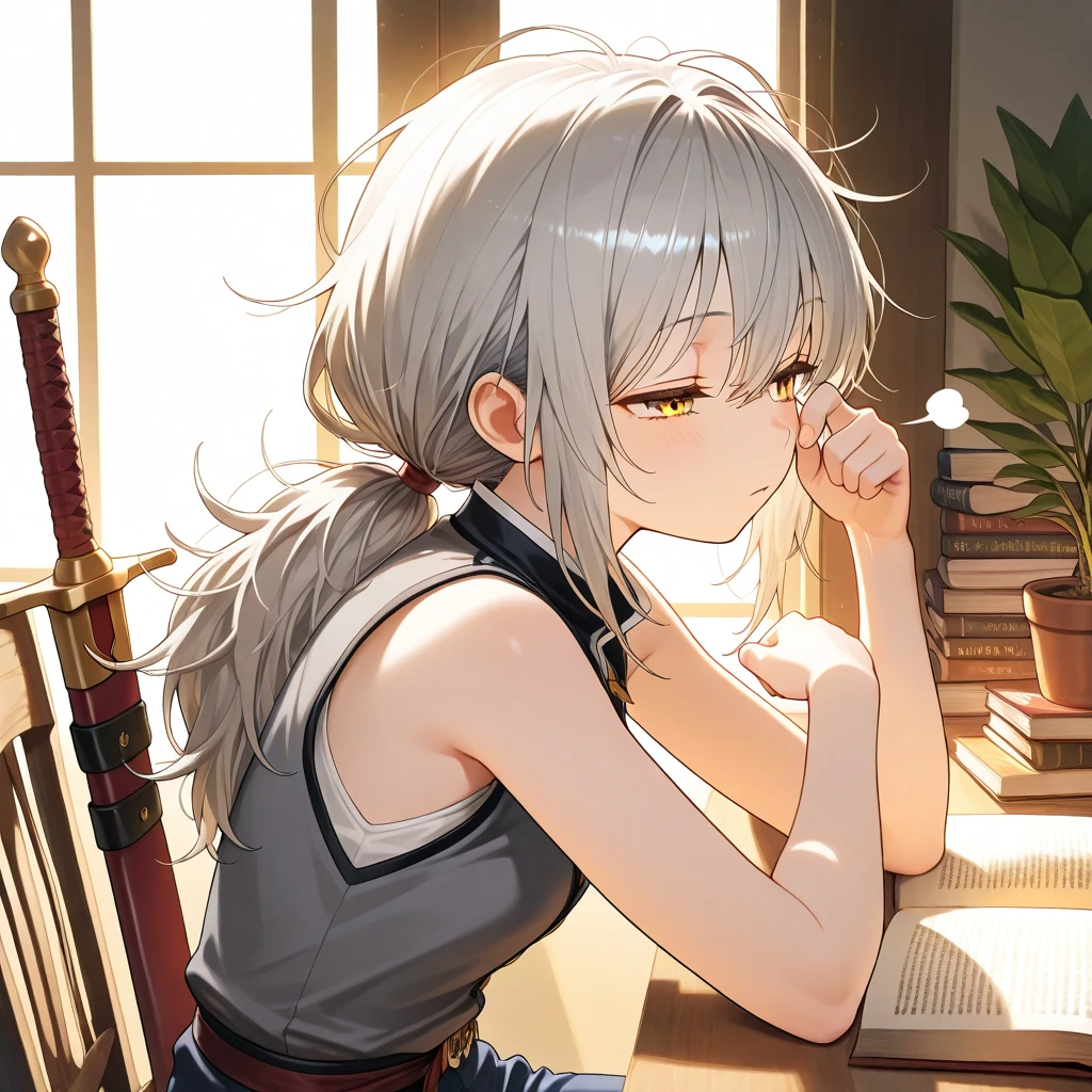 best quality, super fine, 16k, incredibly absurdres, extremely detailed, 2.5D, delicate and dynamic, profile of beautiful woman reading book, hair tucked behind ears, ivory hair, green eyes, portrait