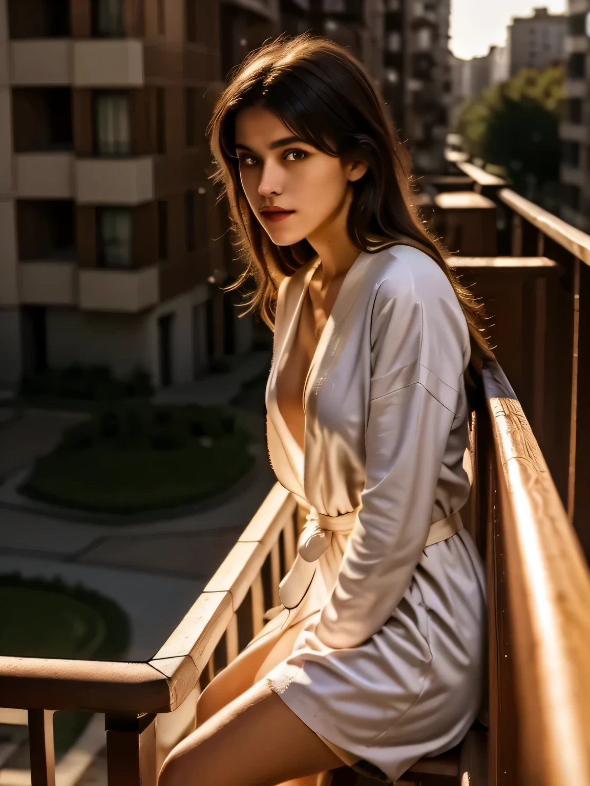 Hair messy from sleep, a young woman leans over the railing of her apartment balcony in a soft cotton robe, looking curiously toward the street. Golden hour light and muted tones.