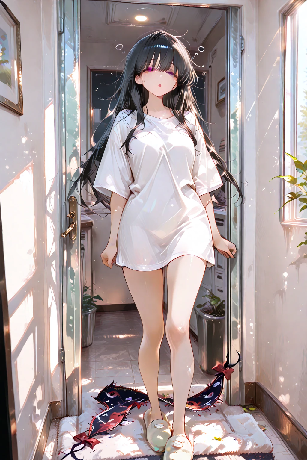 masterpiece, best quality,a girl,black long hair,blue eyes,cold expression white T-shirt,pantyhose,white legwear,panties,no shoes standing aquarium,glass wall