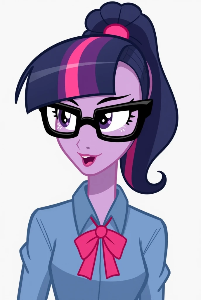 Twilight Sparkle, pony, female, ponytail, black glasses, evil smile, full body, in a living room 