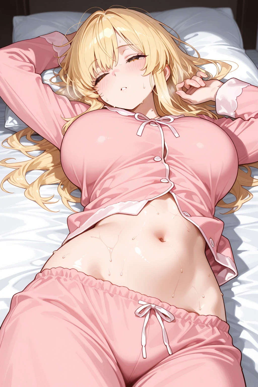 A sensual sexy woman beautiful big breast beautiful attraction long blonde yellow hair her gray eye wears a pink button-down shirt office shows her chest leopard bra and a slim black thong she sex uterus love bed