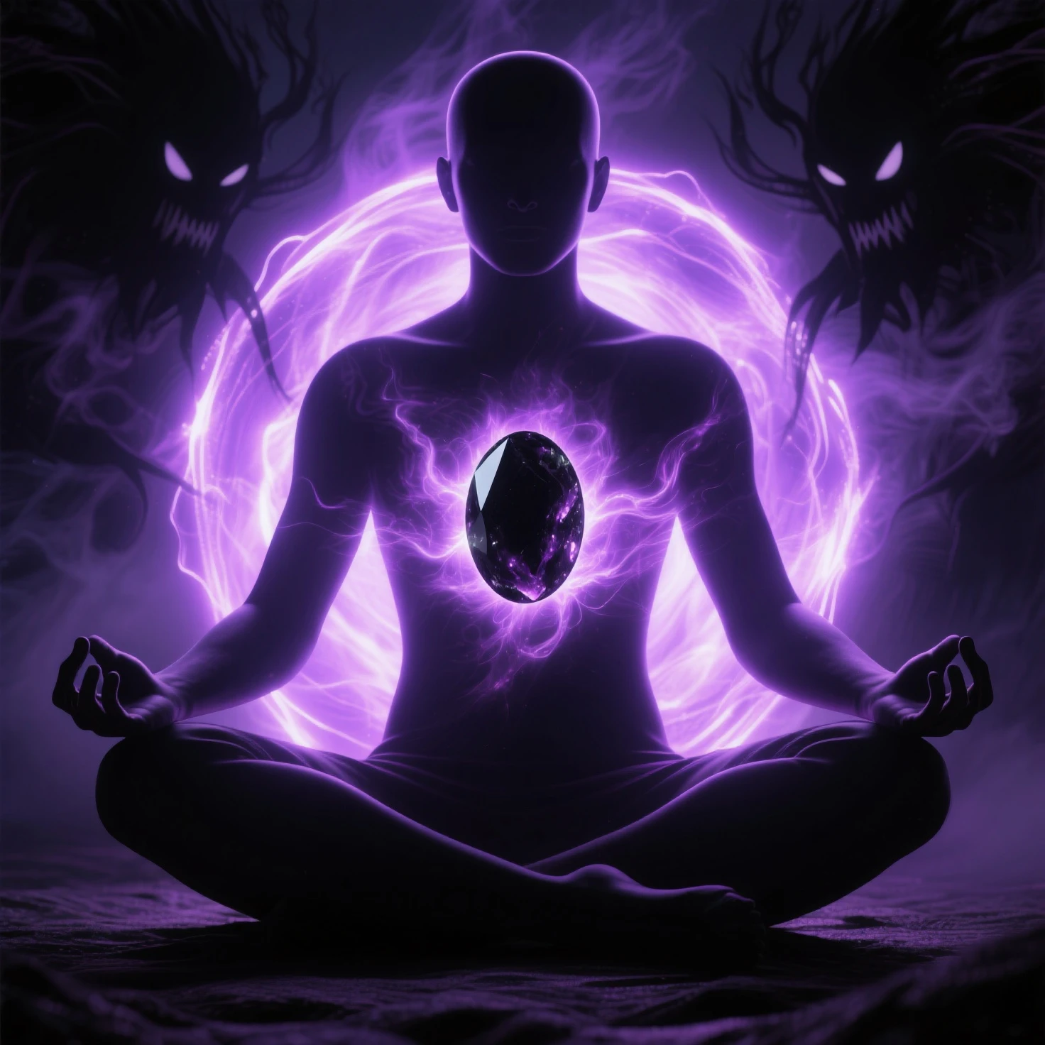 Create a highly detailed and atmospheric digital painting of a cosmic dark entity meditating in a lotus position on the surface of a barren planet. The entity has a shadowy, featureless face and a muscular humanoid body covered in dark organic tendrils that appear to flow and twist around it.. A bright red crystal is embedded in his chest, pulsating with dark energy. Above the head of the entity, A spinning purple and black cosmic vortex with a glowing mystical orb at its center radiates power, Shedding an ethereal light. The background features a vast star-filled galaxy with purple nebulas and distant cosmic phenomena., creating a sense of infinite space and power. The lighting is dark and sinister, and the main sources of light are the glowing red crystal and the mystical orb. The overall color palette is dominated by deep purples., black and touches of red, evoking a sense of cosmic mystery and power.