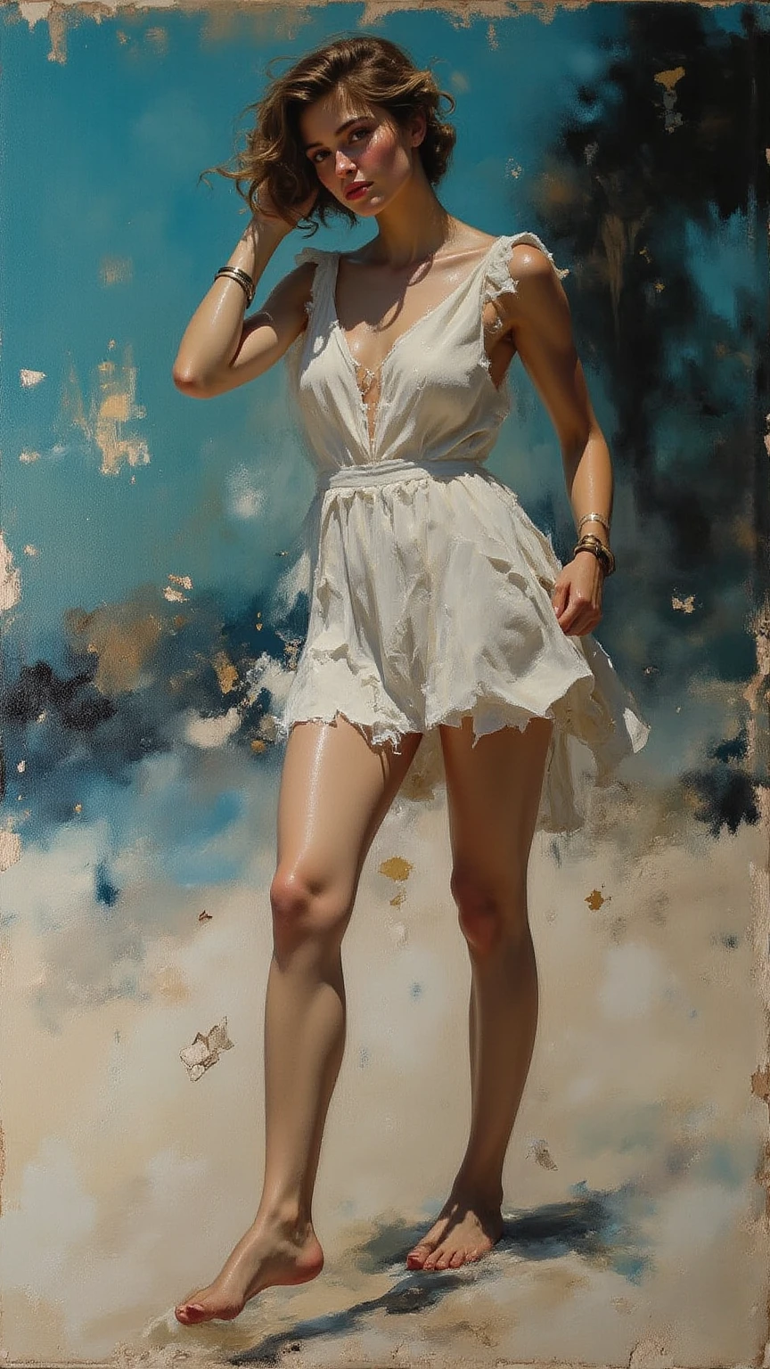 A woman Barefoot standing in an exciting way in front of an art painting, son dos est nu. Le tableau est grand, in which a wheat field horse with small flowers, La Lune et la Mer dans une exposition, and a white dress Add small red and yellow flowers in the wheat tattoo on the ankle anklets anklets glider --auto