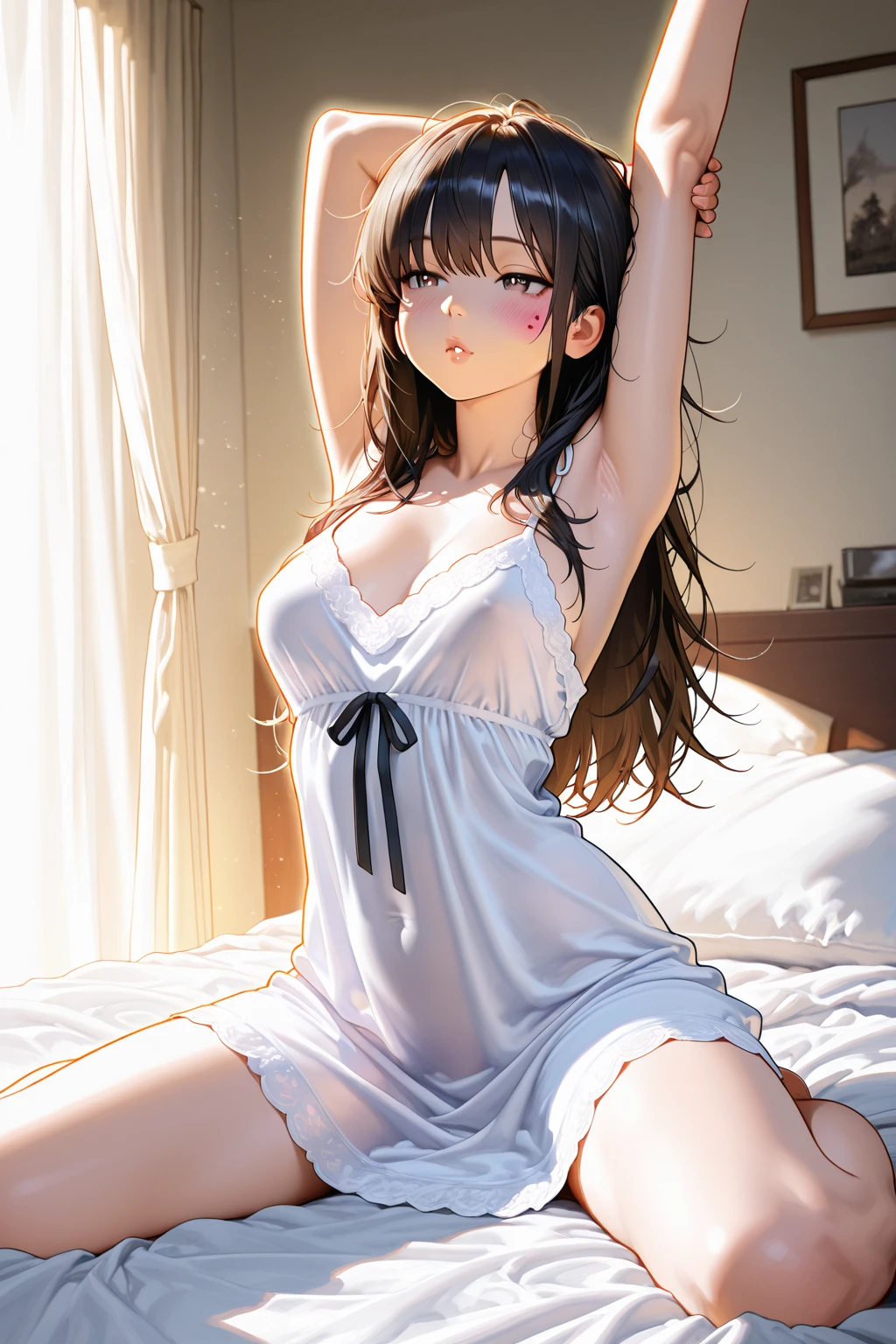 nsfw,(((I want to see up to my kneecaps:1.5、Full body Esbian:1.5)))、masterpiece, High resolution, figure, Kyoto animation style, your name is movie style, night, midnight, light, (1 female: 1.3), (alone: 1.4), long eyelashes, short bob, nose becomes red, lying down, naked, lying on the bed、Tears are flowing、(outstretched hand:1.2)、dynamic pose、see-through lingerie