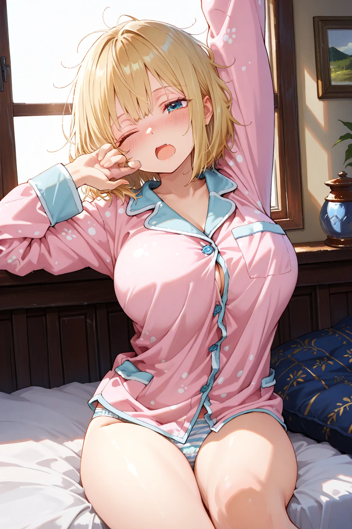 Browsing Caution,Highest quality,high school girl,,Blonde,Shortcuts,Short Bob,Small breasts,Small breasts,Growling,Sweating,Grim face,grimace,heavy breathing,,grimace,wince,｛｛Mouth open｝｝,(a girl sleeping on bed:1.5),(lying back down:1.1),(nether region:1.3),(closed eyes:1.2),(troubled eyebrows:1.2),(from above:1.3),(oversize long sleeves pink Nightwear:1.3),(bed room:1.3),BREAK
arms up,lift clothes,(show off bra:1.1),(white and blue  lace panty:1.3),nsfw,( panties peek:1.5),(nipples peek:1.5),panty lift,Spreading legs,cum in Pussy,pussy juice,Pussy juice,Cum in pussy,Cum on body,Semen in the hair,Cum on face,A man is fingering