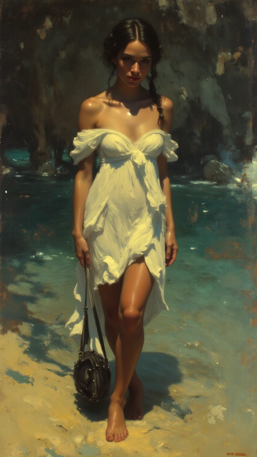 alone in the universe, Paint in watercolor style, Photorealism, discreet golden and ruby and mint shades, (nude) gentle modest thin girl 16 years old (with a very beautiful, exquisite southern type face) with tender nipples walking barefoot in the distance (around the southern town) early morning (along the houses)