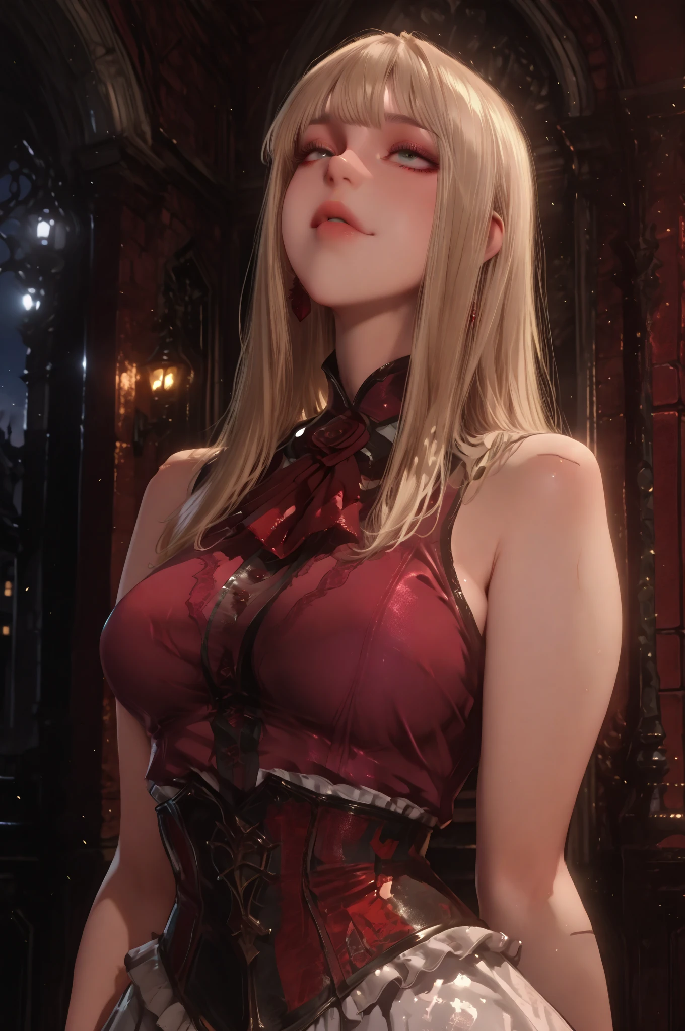 (realism), (blonde hair:1.3, blue eyes:1.2), glowing eyes, (low cut bra:1.2, thong :1.1), heavy breasted, (parted lips:1.1, blush:1.05), (night:1.1, flowers), (sun:1.05, sunlight), romantic, 3d render, best quality, (masterpiece), tattoos on body, looking at viewer, rabbit ears headcraft