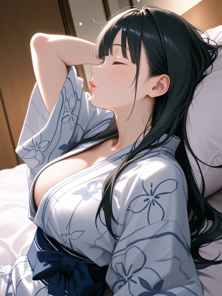 Attractive long black hair、Beautiful woman at 32 years old、Double eyelids、tthin eyebrows、Sleeping in a snow-white bed、No Underwear、Open your legs wide to see the inside of your thighs、You can see the whole body、Yukata gets wet with sweat and sticks to the skin、1 thin white see-through yukata、very large breast、The color and shape of the tip of the chest is visible 、You can see the color and shape of the areola、Looks a lot of pubic hair、The entire chest shows through、