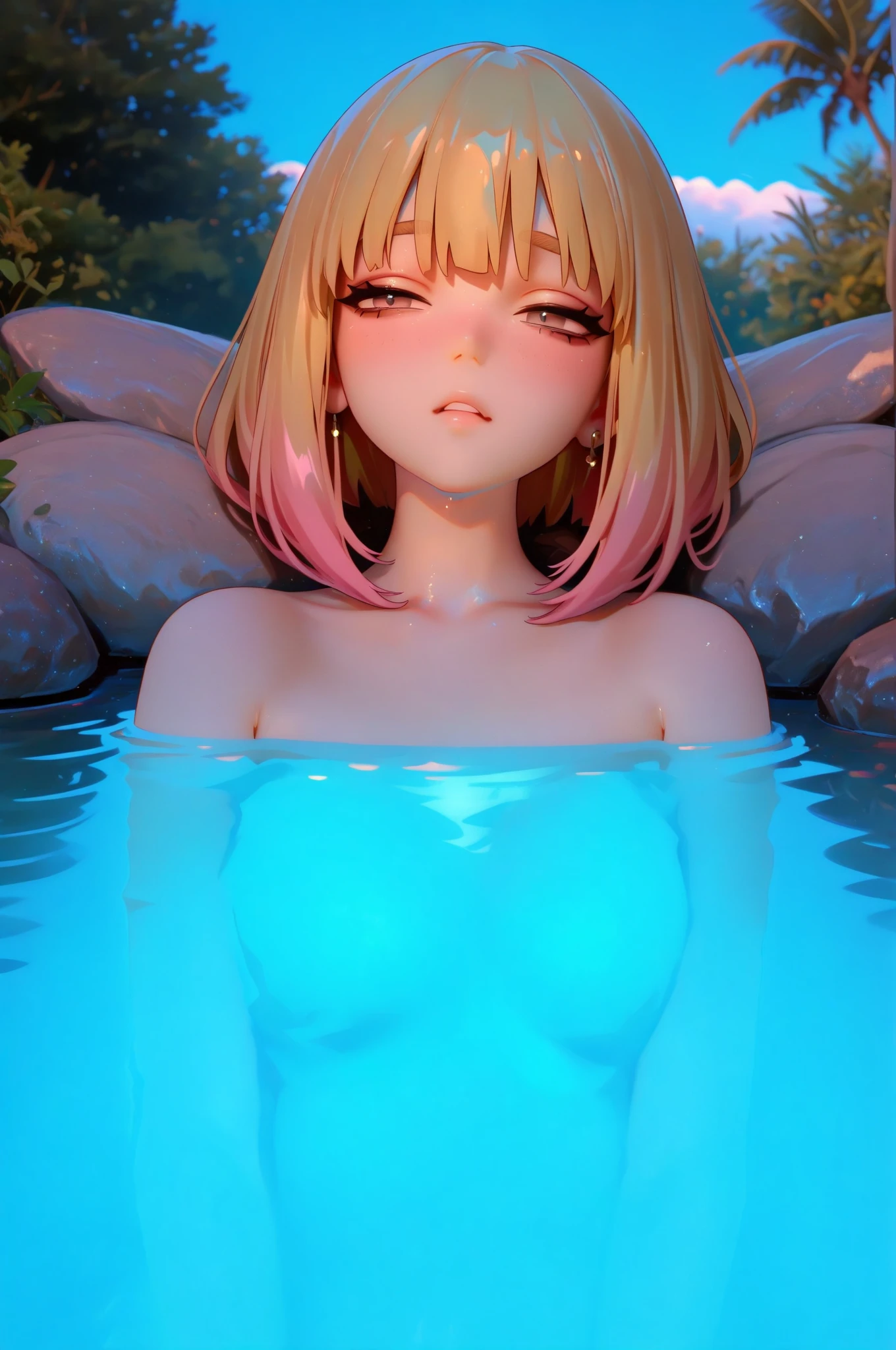 Masterpiece, best quality, , erotic , nsfw, white sexy swimsuit, show full body in water, beautiful Cross legs, show vaginal rupture,,s, beautiful skin, hot naked, in a hot spring, fairy garden on the background, long straight blonde hair, blue eyes, ponytail hair