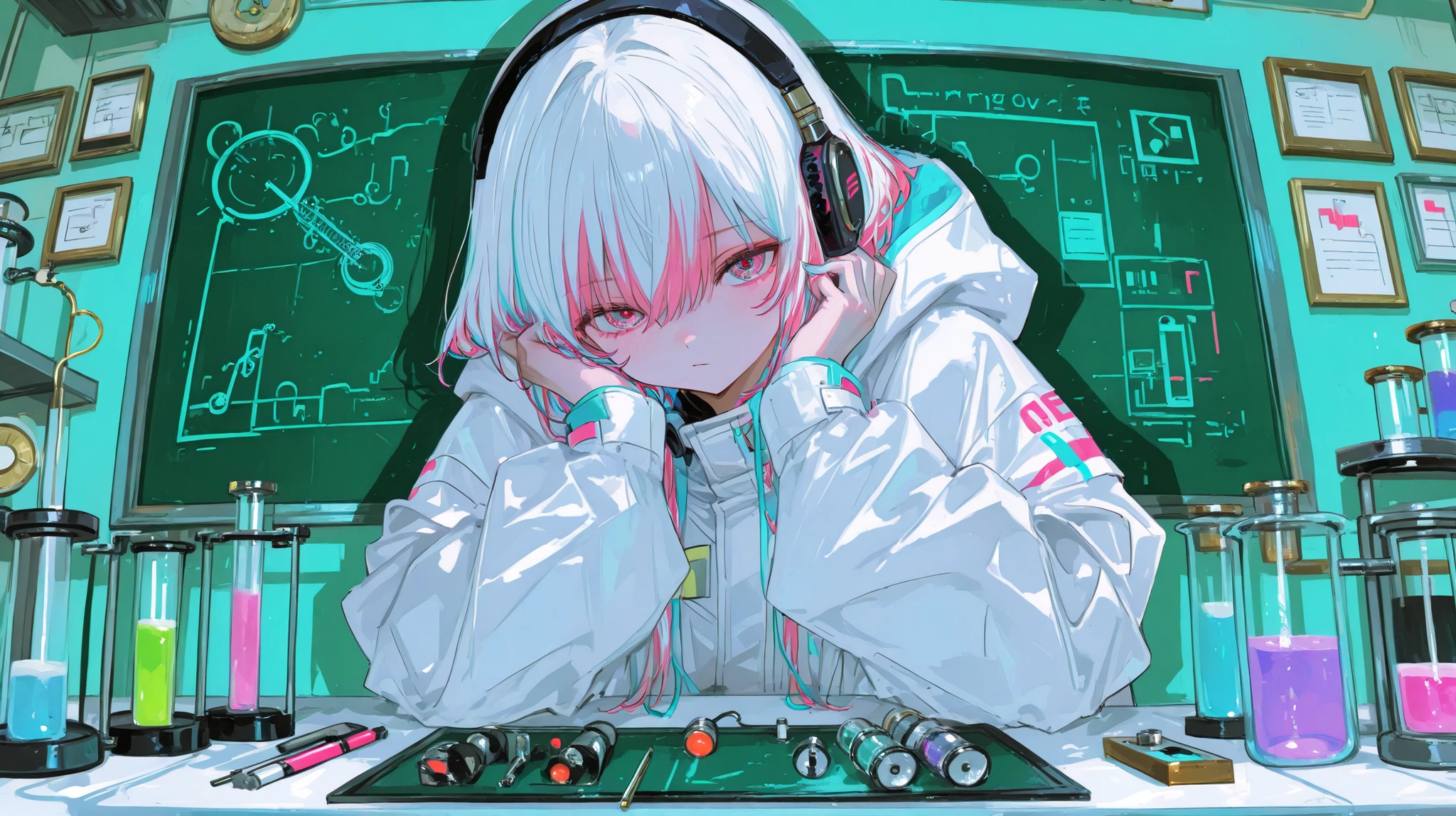 (One Woman :1.3)、one cool woman、Dynamic、Cyber Fashion、headphones, Song、amazing、top quality,chemistry lab background,amazing、Moving Poses、fantastic、white coat、multicolored hair