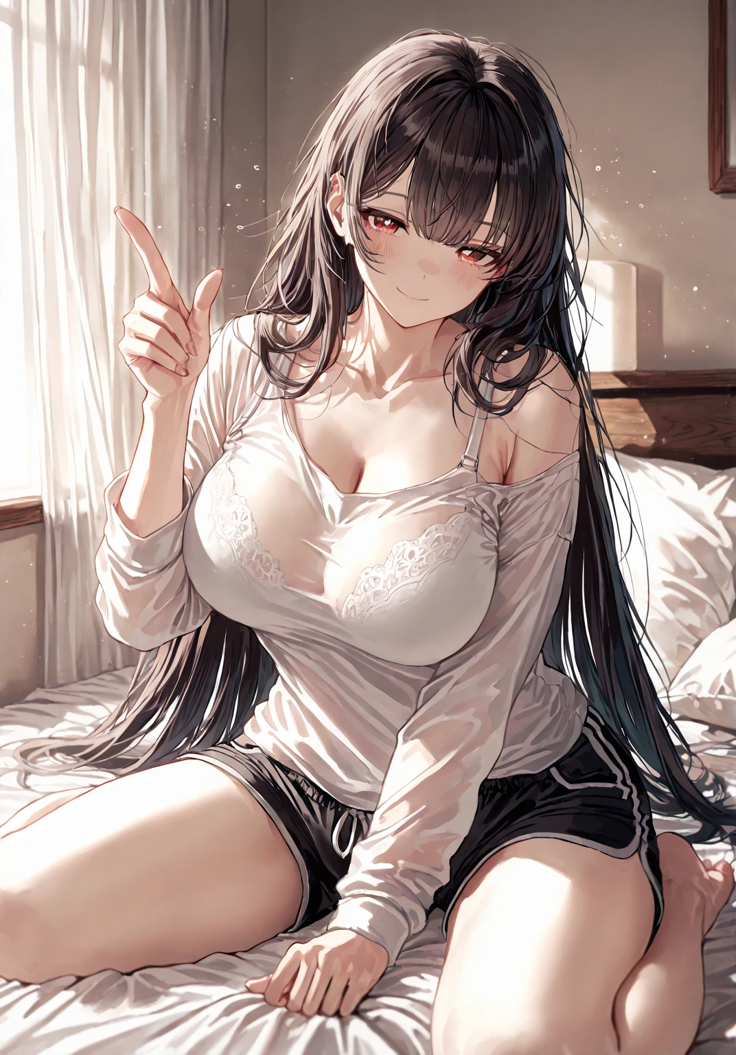 With green eyes、Has long black hair、Studying in underwear。Sweaty、Take off your clothes、she has a round body shape。the room has a warm atmosphere、It's calm.、((hair over one eye,long hair))