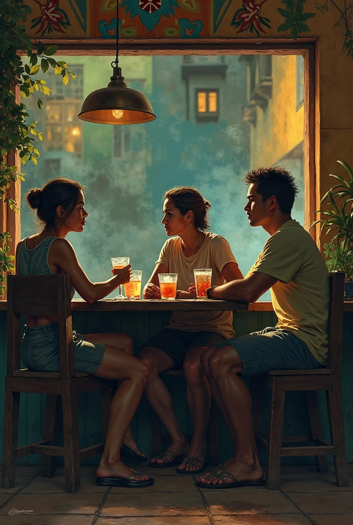 drawn in drawing form, two men and a woman are alone in a small bar, at night and outdoors, sitting at a small circular table and each of them has a cocktail for themselves. Inside the glasses, besides the drink, there are ice rocks too